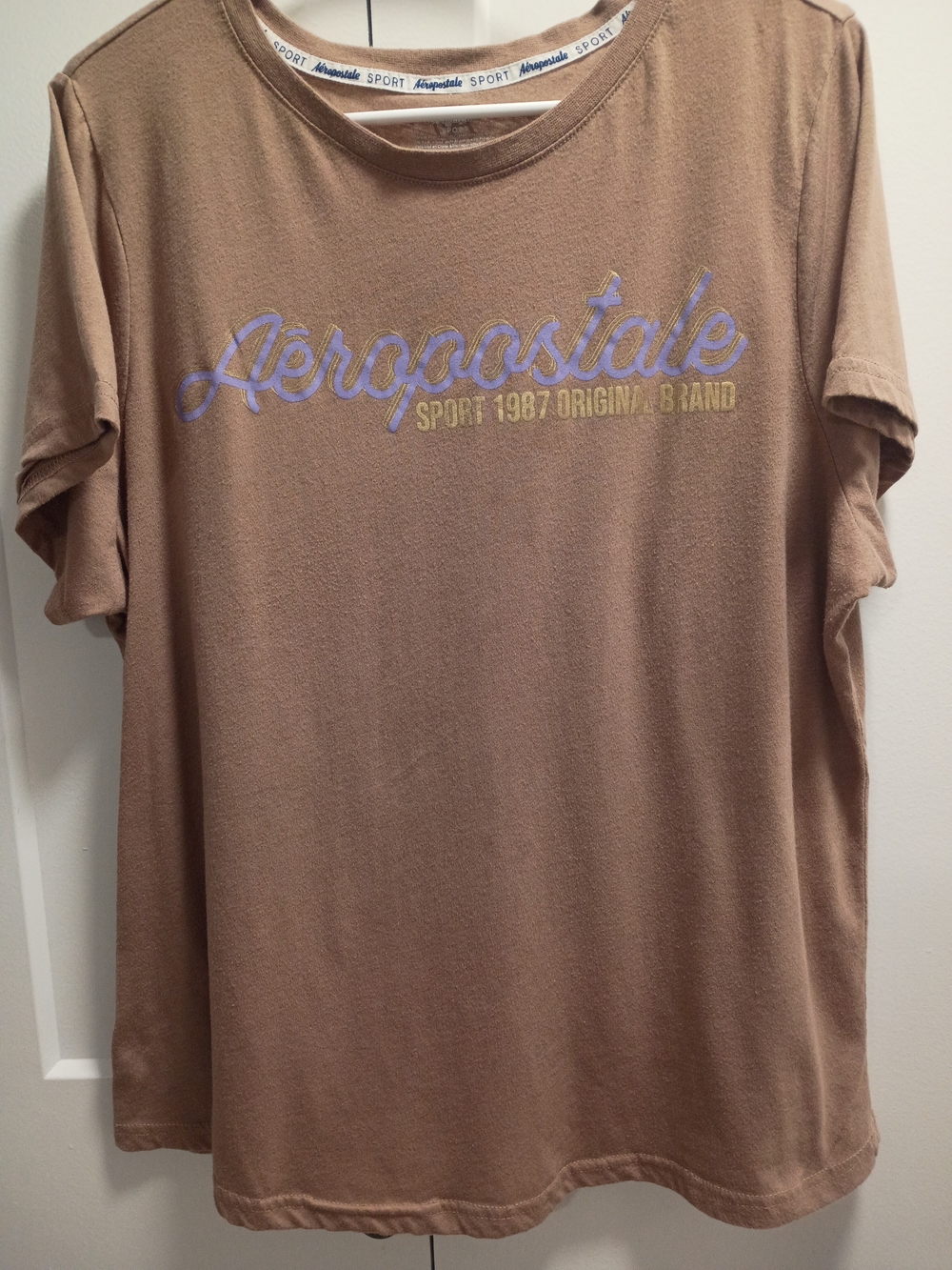 Aeropostale Men’s Short-Sleeve Tee in Tan with Lavender Script